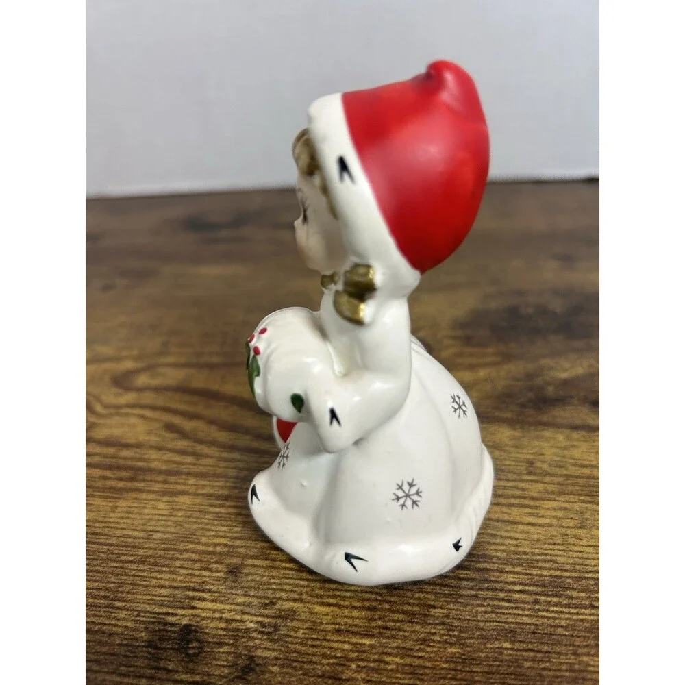 Vintage Napco Christmas Girl Bell Figurine White Coat Holly Japan 4” Tall Decor